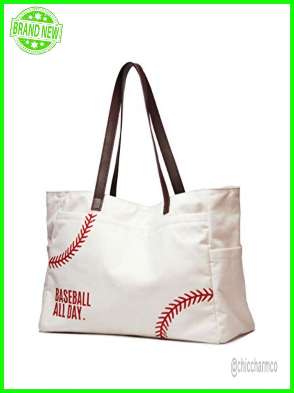Baseball Mom Canvas Tote Bag with Faux Leather Handles